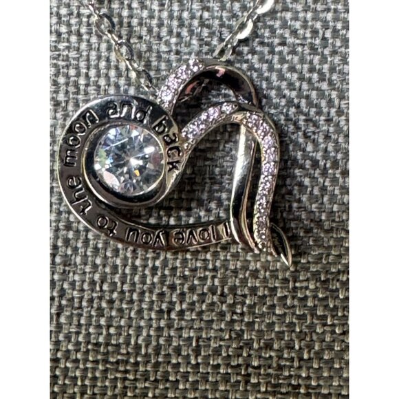 Sterling Silver "I Love You To The Moon And Back" Heart Pendant Necklace With CZ - Picture 2 of 6